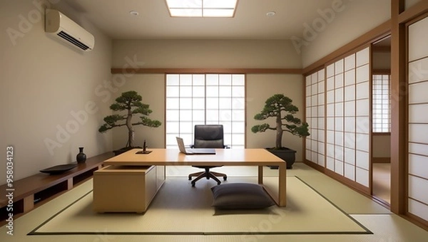 Obraz Elegant Empty Office Interior: Featuring a Modern Chair and Table Setup for a Refined and Professional Workspace