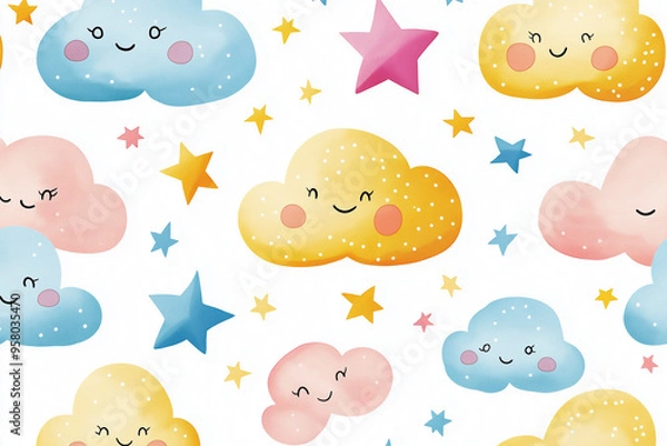Fototapeta Seamless pattern pastel clouds and stars on a white background