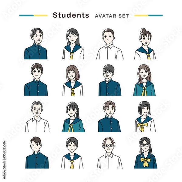 Fototapeta 制服を着た笑顔の学生のアバターセット