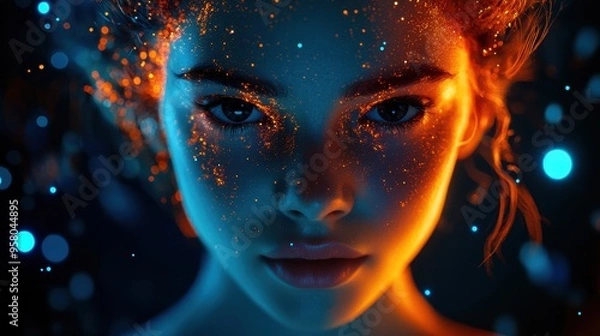 Fototapeta Child with glowing patterns on skin against blue backdrop