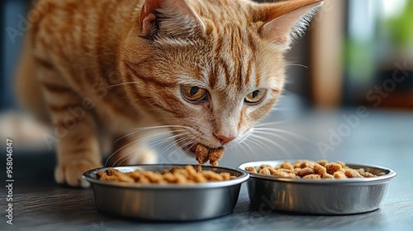 Fototapeta A close-up of a ginger cat eating from a bowl. This image is perfect for pet food, pet care, and animal nutrition websites.