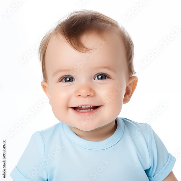 Fototapeta A smiling 1-year-old boy wearing a blue shirt on white background.