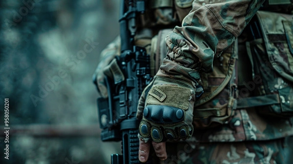 Fototapeta Medium close-up of a soldier standing guard, hand on their weapon, with a vigilant expression.