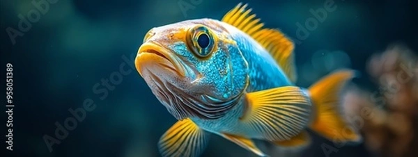 Fototapeta  A detailed view of a blue-yellow fish against a black backdrop background softly blurred ..Or, for a more succinct version:..