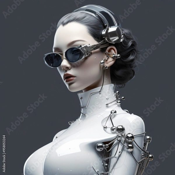 Fototapeta Science and technology AI robot portrait close-up