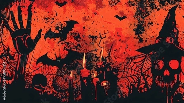 Fototapeta Halloween Skull, Witch Hat, and Bats Against a Red and Black Spattered Background