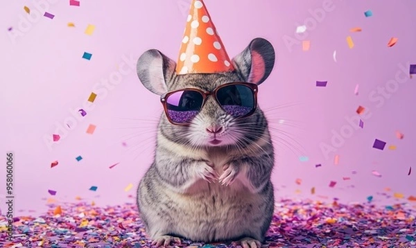 Fototapeta A small gray mouse wearing sunglasses and a party hat