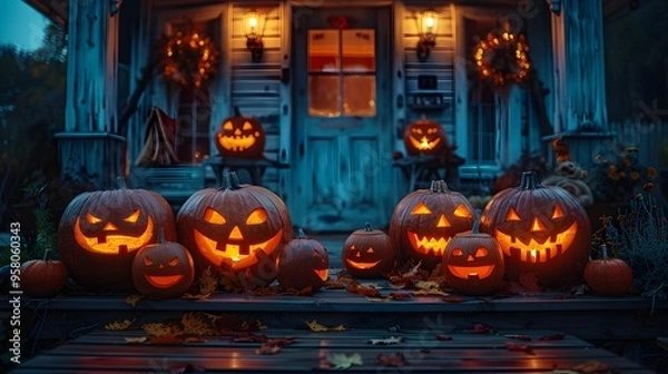 Obraz 2. Spooky jack-o'-lanterns glowing on a porch at night