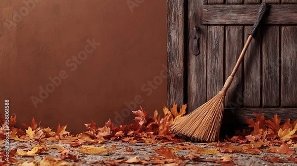 Fototapeta An ultra-sharp image of a witch is broom leaning against an old wooden door, surrounded by autumn leaves. The background is solid brown, providing contrast to the fine details of the broom.