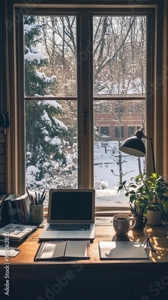 Fototapeta A laptop is on a desk next to a window with snow outside