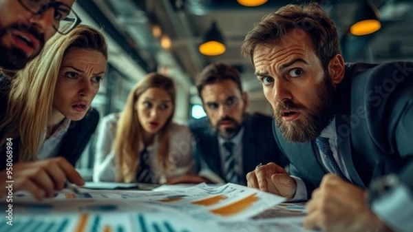Fototapeta Business Team in Shocked Discussion Over Financial Reports in Modern Office Setting