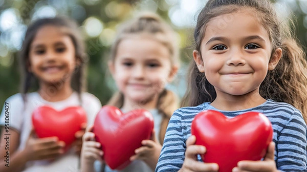 Obraz happy smiling little girls looking at the camera holding red heart shape standing in the summer park outdoors  for child health day.