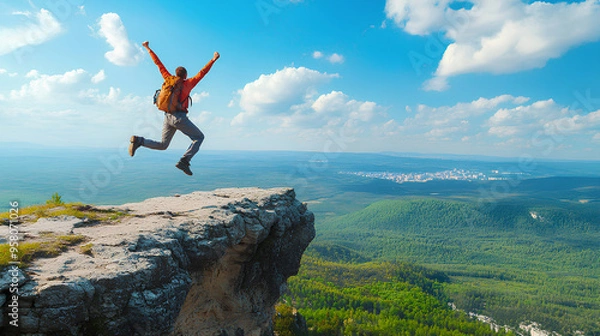 Obraz Happy man with arms up jumping on the top of the mountain - Successful hiker .celebrating success on the cliff
