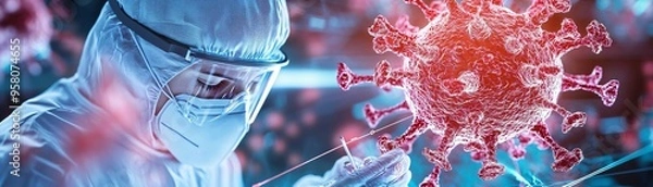 Fototapeta A scientist studying a virus with advanced equipment in a laboratory setting, showcasing medical research and technology.