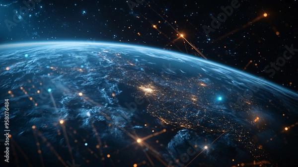 Fototapeta A stunning view of Earth from space showcasing city lights and atmospheric details during twilight hours