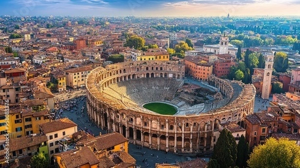 Fototapeta Bird's-eye view of Verona's Arena, with the historic town square and colorful buildings surrounding it