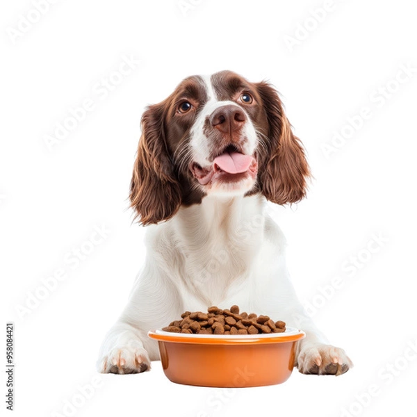 Fototapeta Happy dog with tongue out sitting behind a bowl of dry dog food, looking up, isolated on white background.