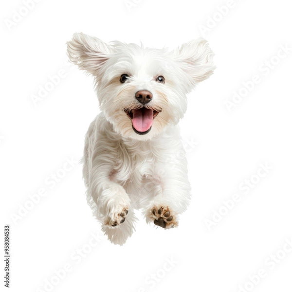 Fototapeta Happy white small dog jumping with joy isolated on white background, showing excitement and playful energy.