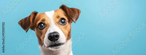 Fototapeta  A dog's face in detailed focus against a blue backdrop, featuring a distinct black speck in one eye