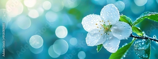 Fototapeta  A tight shot of a bloom on a tree branch, adorned with dewdrops, against a softly blurred backdrop