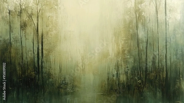 Fototapeta Soft abstract textures in muted greens and browns, representing the calm beauty of a forest after a light rain