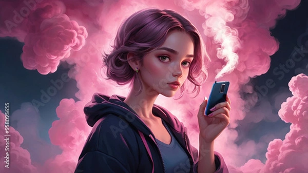 Obraz The illustration of a charming girl wearing a cozy hoody is holding an Android phone that is emitting smoke. She is enveloped in a cloud of light pink smoke that swirls around her.