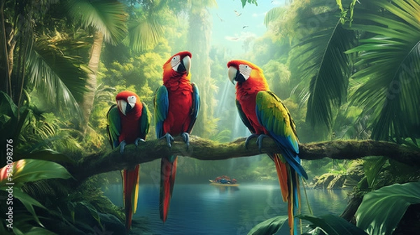 Obraz Tropikalny las deszczowy z mnóstwem papug w różnych odcieniach, które swobodnie latają w gęstej roślinności. 