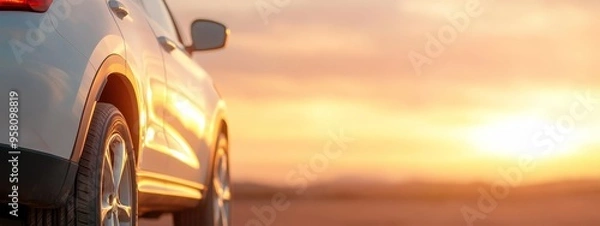 Fototapeta  The back of a white car is situated near a body of water with sunshine filtering through distant clouds A smaller body of water lies in the foreground