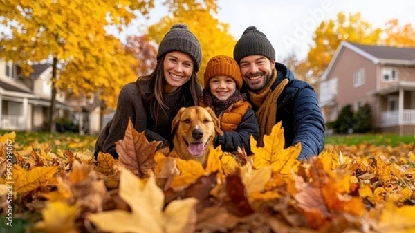 Fototapeta A happy family enjoys a playful autumn day with their dog among colorful fallen leaves in a vibrant neighborhood.