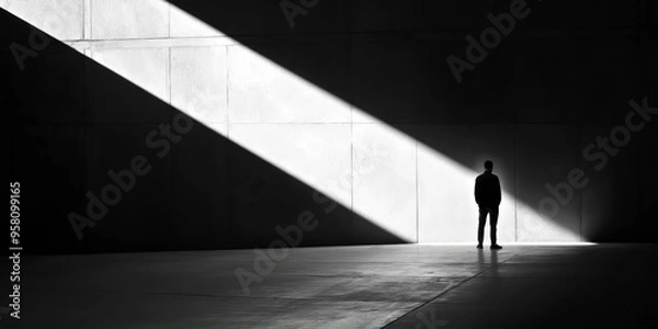 Fototapeta Solitude in geometry: silhouette in dramatic light and shadow