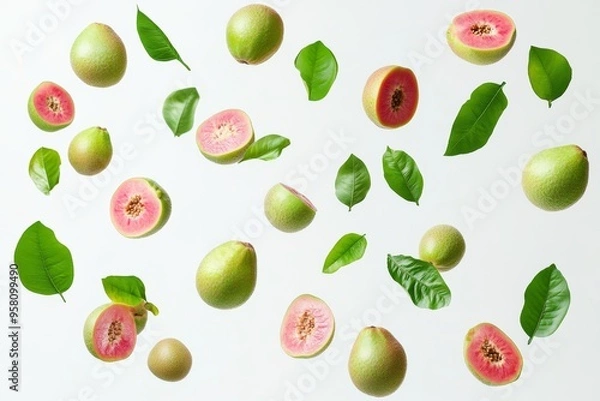 Fototapeta Falling guava fruits on a white background,