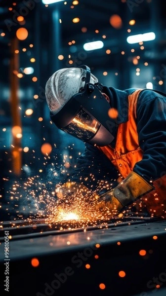 Fototapeta A skilled worker uses a cutting tool, producing sparks in a vibrant industrial setting, showcasing craftsmanship and concentration.