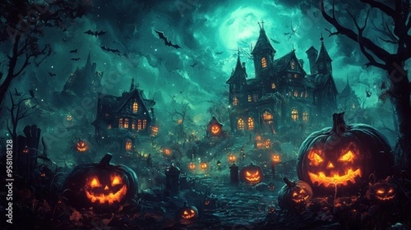 Fototapeta Spooky Halloween Night with Haunted Mansion  Jack o  Lanterns  and Bats