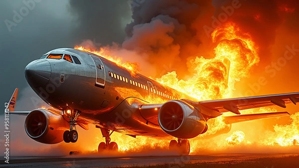 Obraz Civilian passenger plane crashes and catches fire. Generative AI