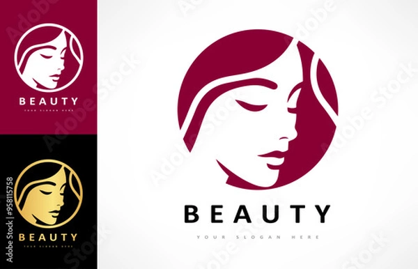Fototapeta Woman face and hair logo. Beauty saloon design.