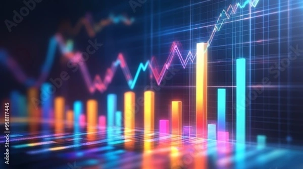 Fototapeta This upward-trending bar graph with vibrant bars shows the steady increase in power usage over time, emphasizing how electricity demand is increasing.