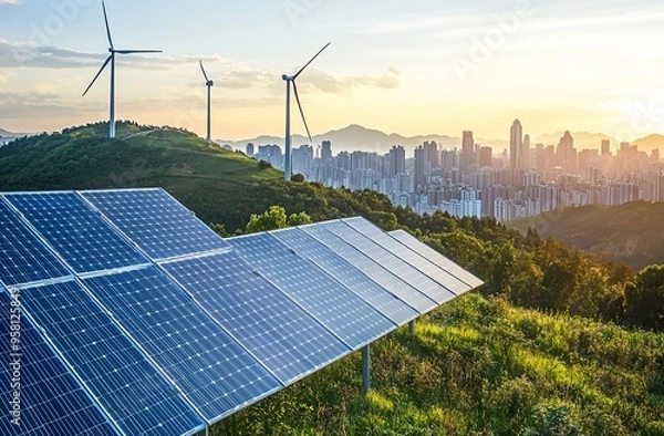Fototapeta Sustainable energy: Solar panels and wind turbines with a city backdrop at sunset, symbolizing clean energy transition.