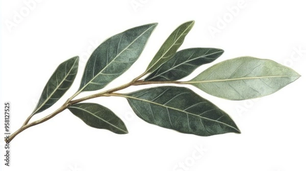 Fototapeta A bay leaf, elongated and oval with a slightly wavy edge and deep green color