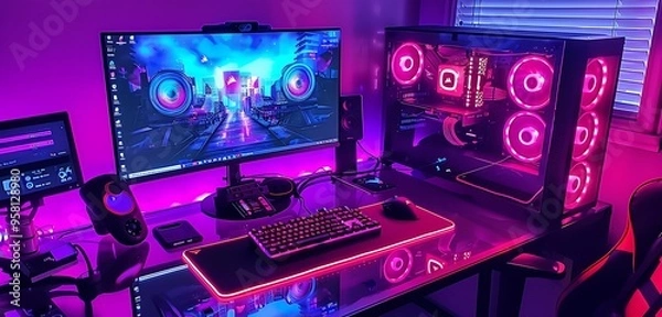 Fototapeta Modern gaming setup with magenta RGB lights, glass table, glowing peripherals