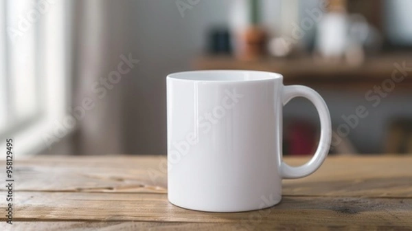 Fototapeta Blank coffee mug on a wooden table, minimalistic design, perfect for branding, customizable for promotional use, ideal for coffee shops or events