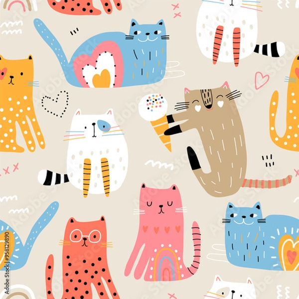 Fototapeta Cartoon seamless pattern with colorful cats. Kittens with ice cream, hearts. Childish texture for fabric, textile, apparel, wallpaper. Vector illustration