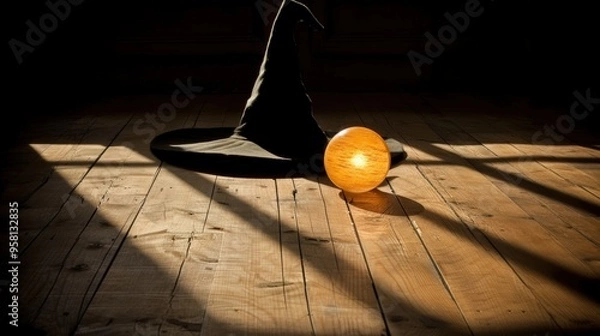 Fototapeta Witch's hat casting a shadow with a glowing orb placed on a wooden floor. The dim lighting and shadows create a mysterious, spooky Halloween atmosphere, evoking witchcraft and dark magic.