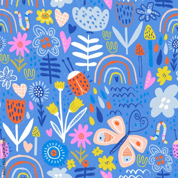 Obraz Seamless hight detailed botanical pattern with rainbows, bugs, butterfly, flowers, leaves. Floral artistic texture for fabric, textile, digital papers. Vector illustration