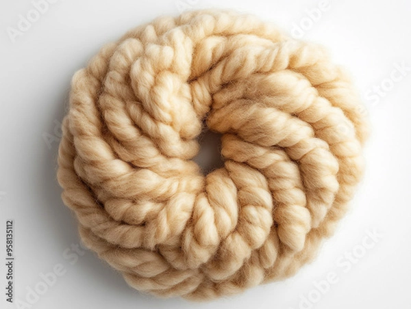 Fototapeta A soft, fluffy yarn swirl showcasing a beautiful cream color, perfect for textiles and craft projects.
