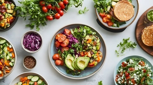 Fototapeta A vibrant, modern kitchen showcasing an array of plant based dishes like avocado toast, vegan burgers, and quinoa salads, with fresh vegetables and herbs