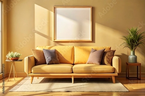 Fototapeta Modern living room with yellow sofa and pillows, showcasing a blank frame mockup on the wall. Ideal for artwork or poster display in home decor presentations.