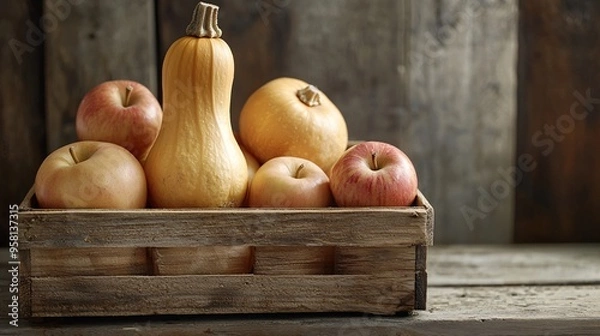 Fototapeta Organic Autumn Seasonal Foods Arranged in Rustic Crate Featuring Butternut Squash and Appl