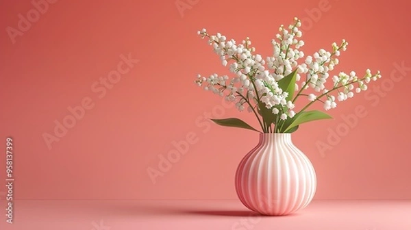 Fototapeta White ceramic vase with lily of the valley bouquet. Happy mother's day greeting background. AI generated image