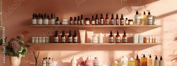Fototapeta Shelf display of beauty and skincare products in warm natural lighting