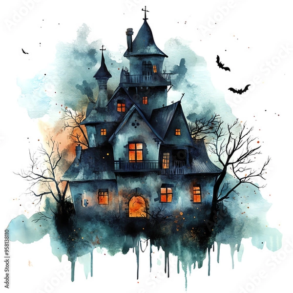 Fototapeta A mysterious haunted house surrounded by eerie trees and mist, perfect for Halloween themes and spooky illustrations.